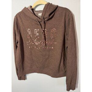 Aeropostle Womens Cropped New York 87 Brown Pullover Hoodie Sweatshirt Size‎ XL